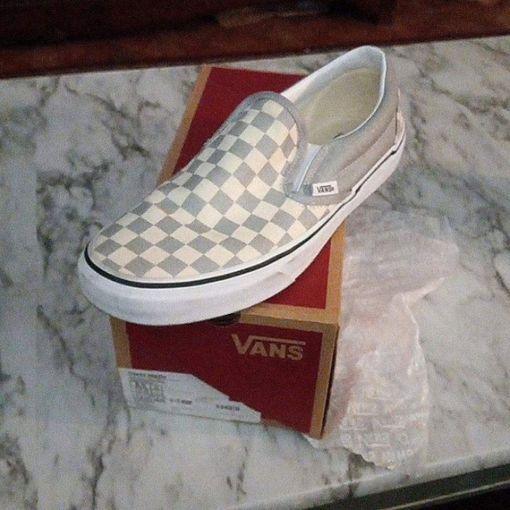 Silver checkered slip on vans!